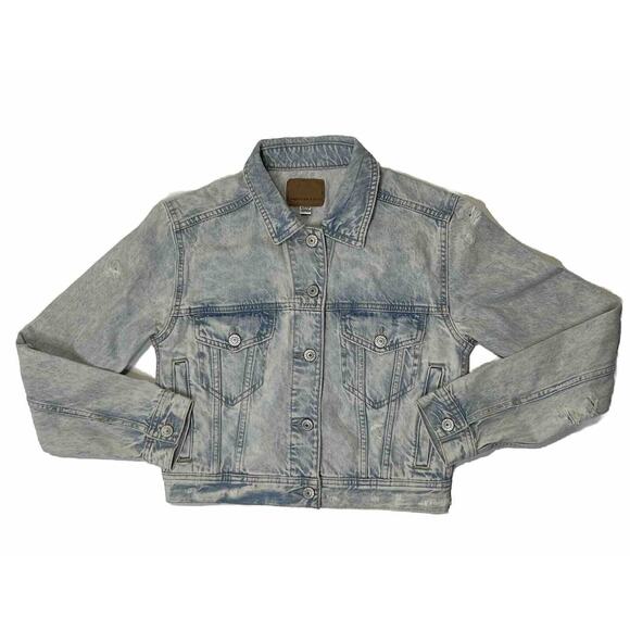 AEO American Eagle Light Wash Cropped Denim Jean Jacket Distressed Size Small - Picture 1 of 9